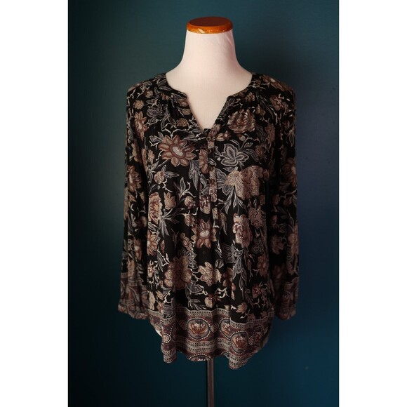 Lucky Brand  Women’s Dark Boho Floral Paisley Long Sleeve Henley Tunic Popover M - Picture 1 of 12